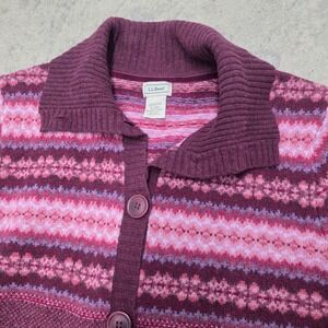 LL Bean Womens Fair Isle Cardigan Sweater Button Front Purple Pink Knit